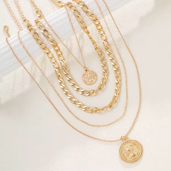 NEW! Layered Gold Coin Necklace 5 Pieces Set - Women's Fashion Jewelry - Picture 3 of 6
